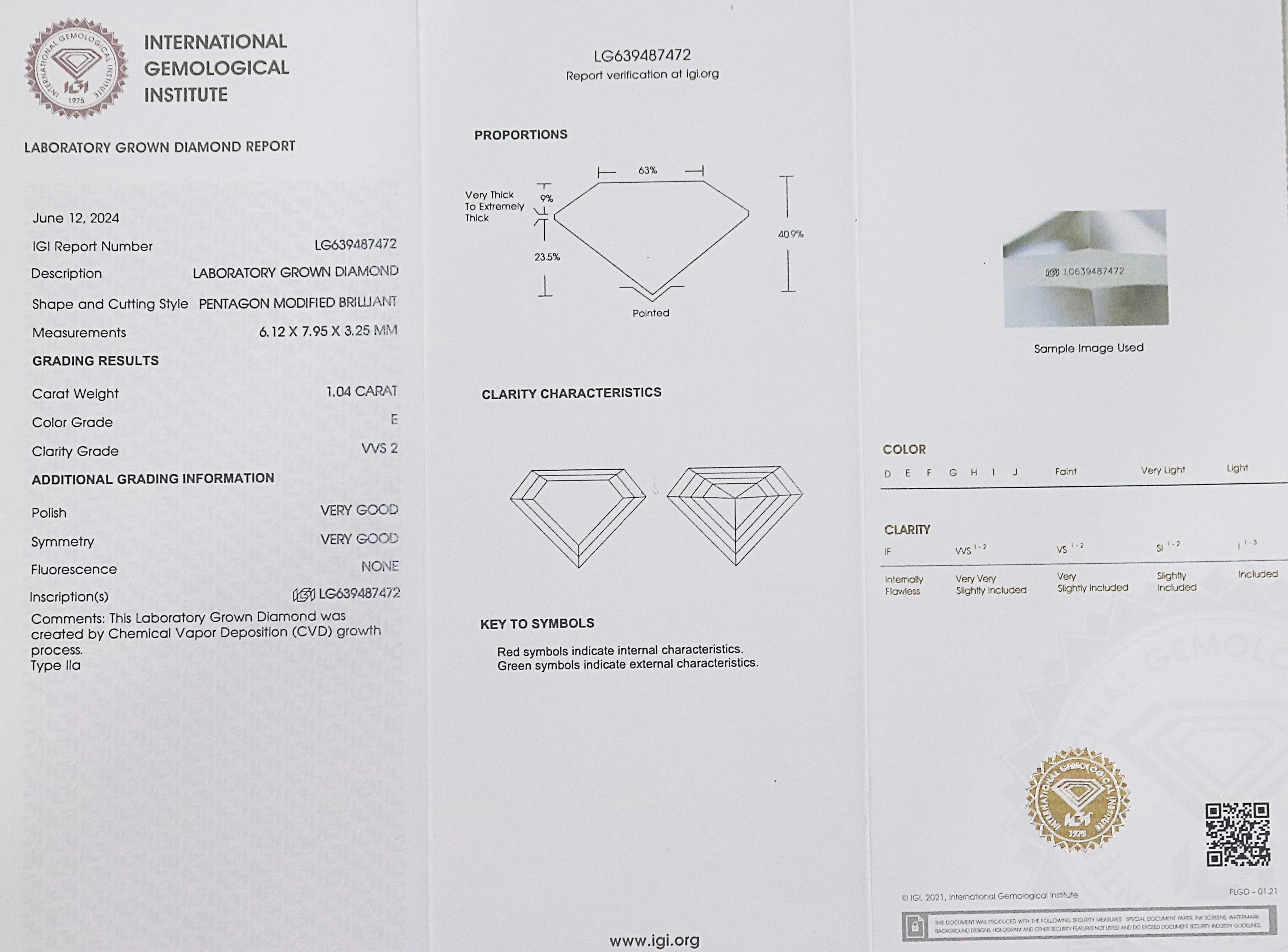 1.04 CT IGI Certified Shield Modified Brilliant Cut Lab Grown Lab Created Diamond CVD Diamond Lab Made Shield Shape for Engageme