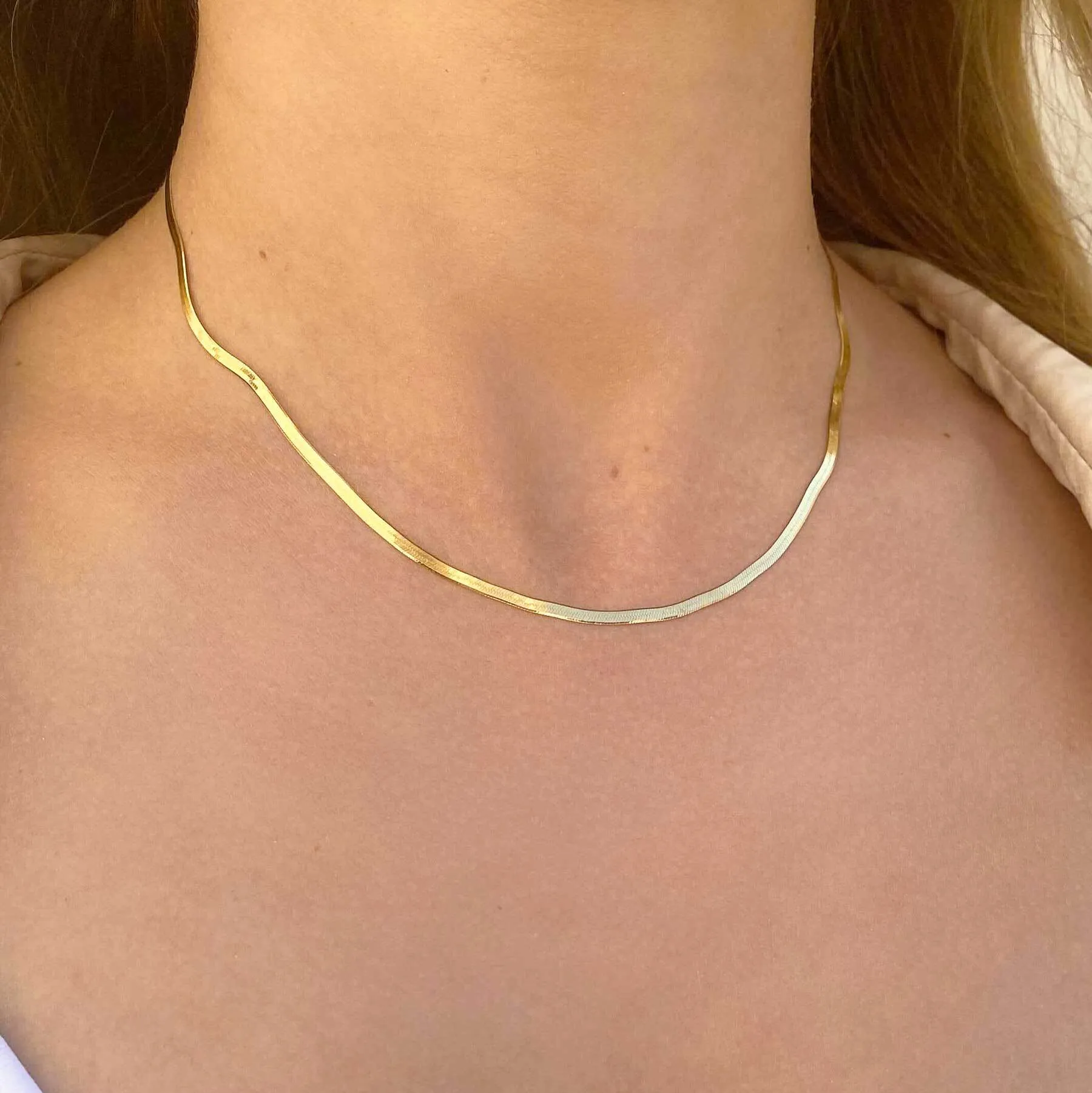 14K Gold Thin Herringbone Necklace 3mm