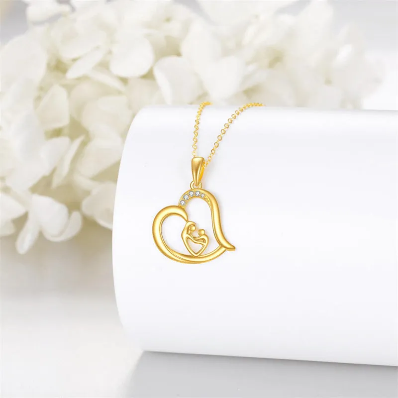 14K Real Gold  Heart Mother Child Necklace Pendant Necklace Jewelry Mothers Day Birthday Gifts for Women