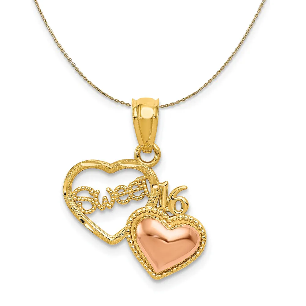 14k Yellow & Rose Gold Sweet 16 Double Heart Necklace