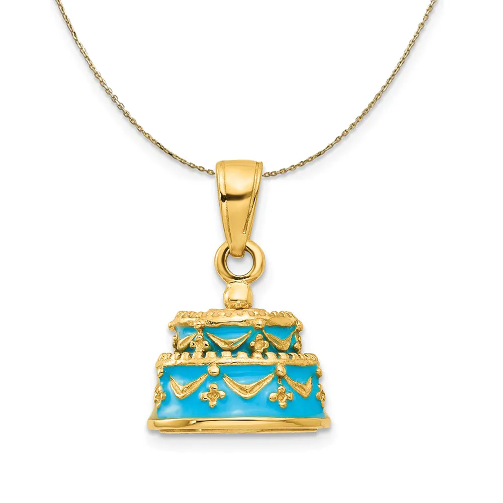 14k Yellow Gold Blue Enamel Happy Birthday Cake Necklace