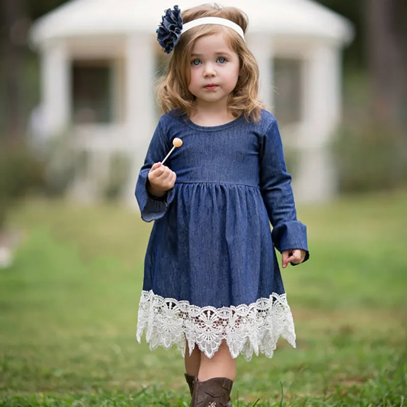 2018 Spring Girls Princess Dress Children Clothing Denim Lace Evening Dress Kids Long Sleeve Party Dresses Baby Girl Costume