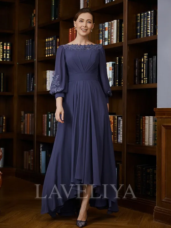 A-line Bateau 3/4 Sleeves Pleated Asymmetrical Chiffon Mother of the Bride Dress  #XM230249