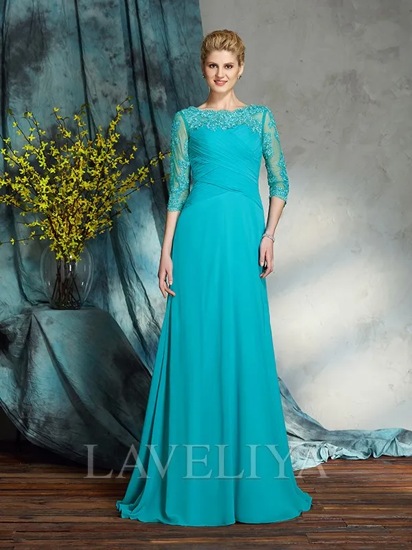 A-line Bateau 3/4 Sleeves Pleated Floor-Length Chiffon Mother of the Bride Dress  #XM230210