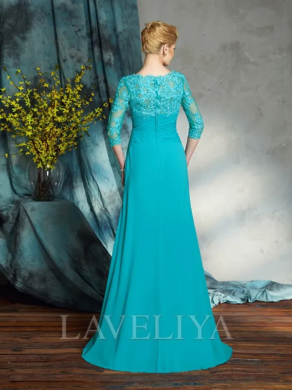 A-line Bateau 3/4 Sleeves Pleated Floor-Length Chiffon Mother of the Bride Dress  #XM230210