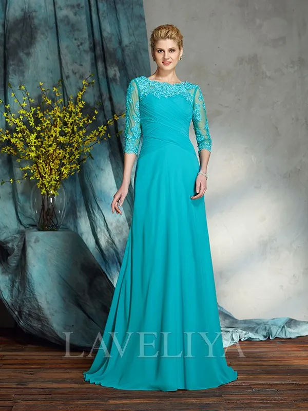 A-line Bateau 3/4 Sleeves Pleated Floor-Length Chiffon Mother of the Bride Dress  #XM230210