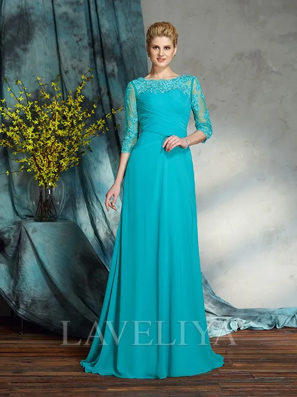 A-line Bateau 3/4 Sleeves Pleated Floor-Length Chiffon Mother of the Bride Dress  #XM230210