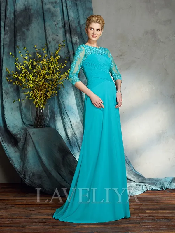 A-line Bateau 3/4 Sleeves Pleated Floor-Length Chiffon Mother of the Bride Dress  #XM230210