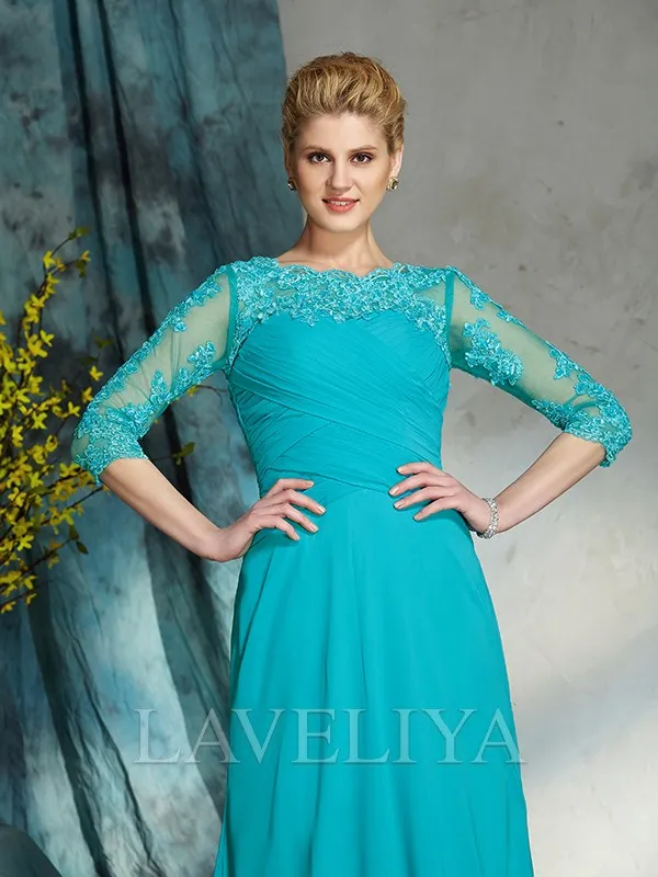 A-line Bateau 3/4 Sleeves Pleated Floor-Length Chiffon Mother of the Bride Dress  #XM230210