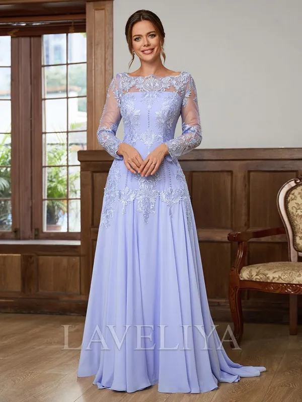 A-line Bateau Long Sleeves Appliques Lace Sweep Train Chiffon Mother of the Bride Dress  #XM240049