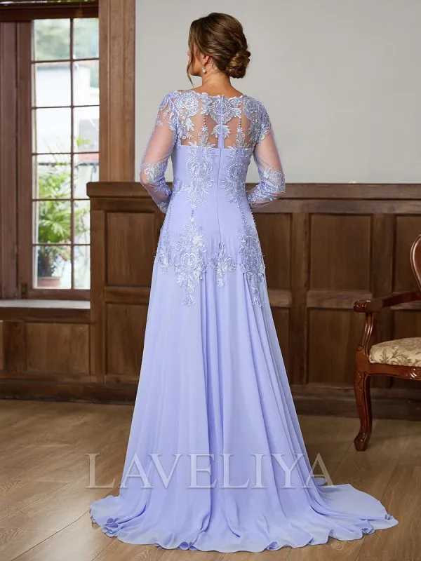 A-line Bateau Long Sleeves Appliques Lace Sweep Train Chiffon Mother of the Bride Dress  #XM240049