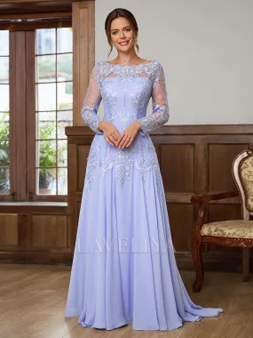 A-line Bateau Long Sleeves Appliques Lace Sweep Train Chiffon Mother of the Bride Dress  #XM240049