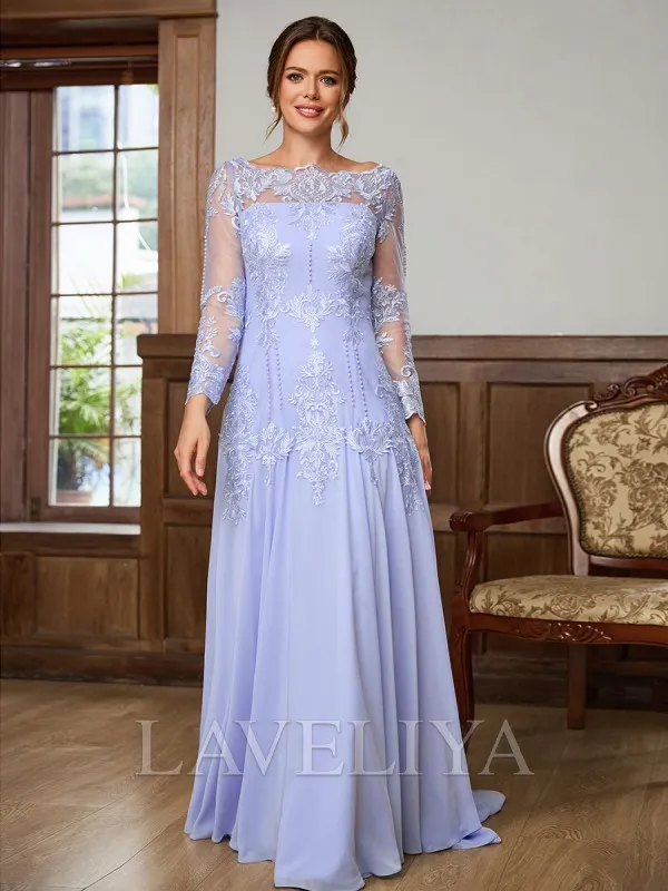 A-line Bateau Long Sleeves Appliques Lace Sweep Train Chiffon Mother of the Bride Dress  #XM240049