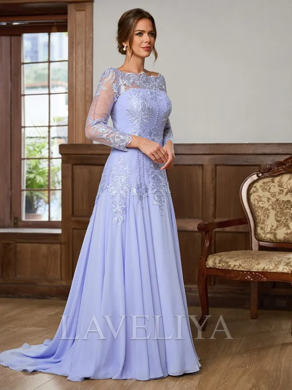 A-line Bateau Long Sleeves Appliques Lace Sweep Train Chiffon Mother of the Bride Dress  #XM240049