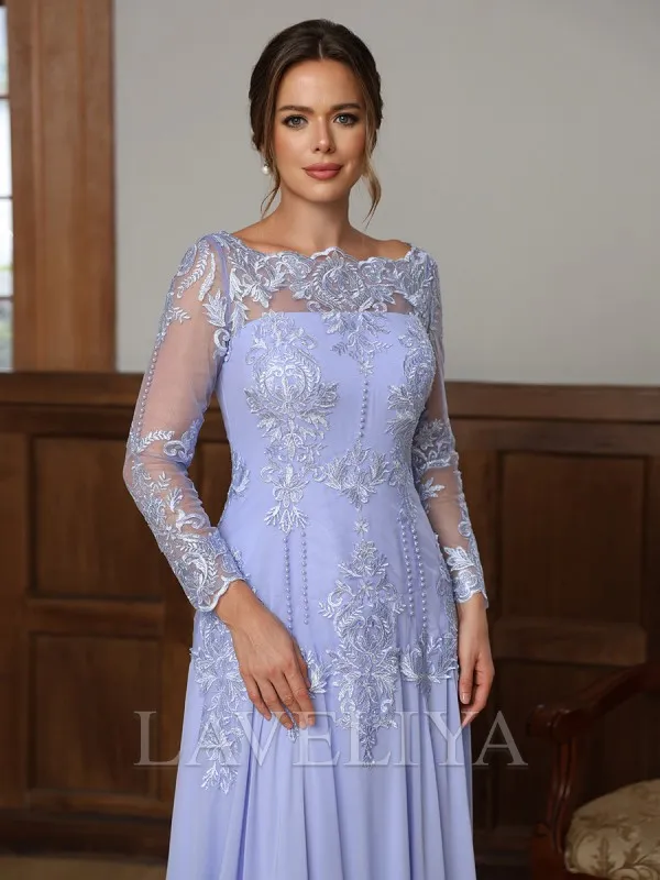 A-line Bateau Long Sleeves Appliques Lace Sweep Train Chiffon Mother of the Bride Dress  #XM240049