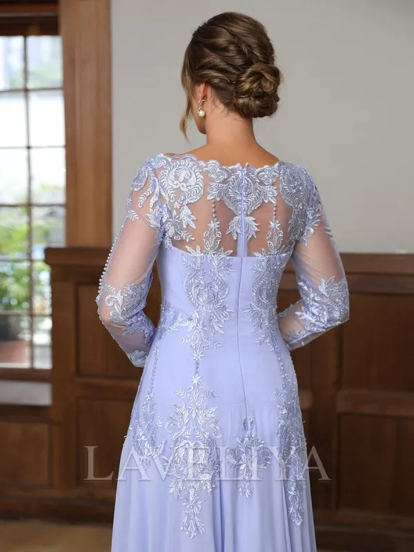 A-line Bateau Long Sleeves Appliques Lace Sweep Train Chiffon Mother of the Bride Dress  #XM240049