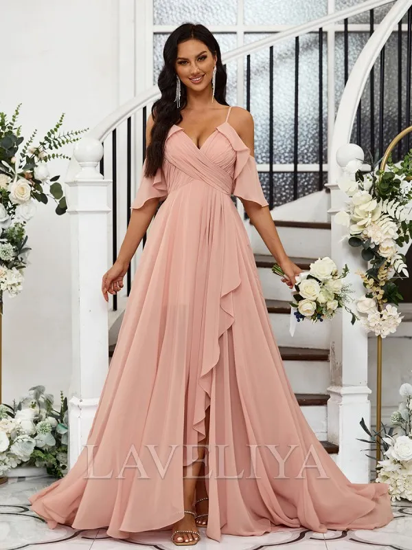 A-line Cold Shoulder Pleated Floor-Length Chiffon Bridesmaid Dress  #ZB230487