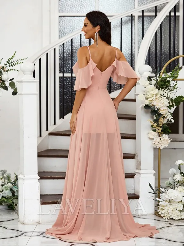 A-line Cold Shoulder Pleated Floor-Length Chiffon Bridesmaid Dress  #ZB230487