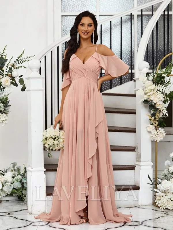 A-line Cold Shoulder Pleated Floor-Length Chiffon Bridesmaid Dress  #ZB230487