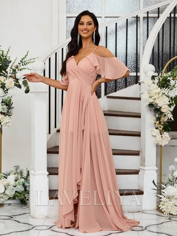 A-line Cold Shoulder Pleated Floor-Length Chiffon Bridesmaid Dress  #ZB230487