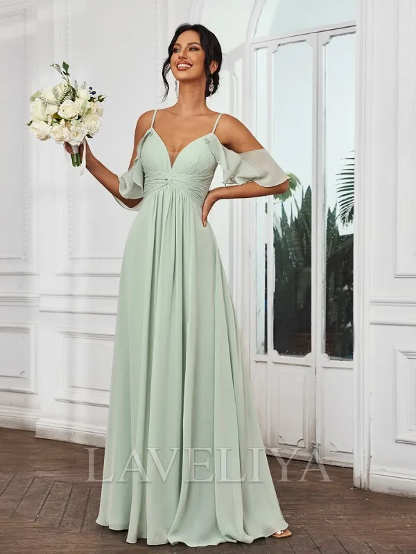 A-line Cold Shoulder Pleated Floor-Length Chiffon Bridesmaid Dress  #ZB230499