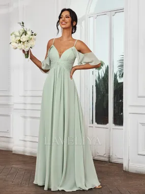 A-line Cold Shoulder Pleated Floor-Length Chiffon Bridesmaid Dress  #ZB230499