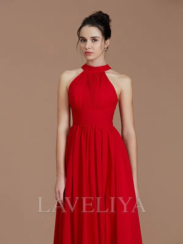 A-line Halter Pleated Floor-Length Chiffon Bridesmaid Dress  #ZB230323