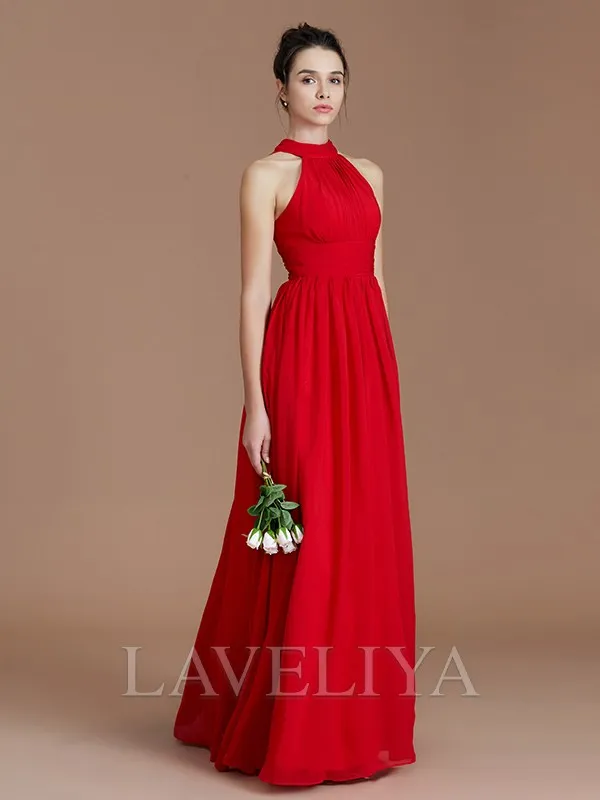 A-line Halter Pleated Floor-Length Chiffon Bridesmaid Dress  #ZB230323