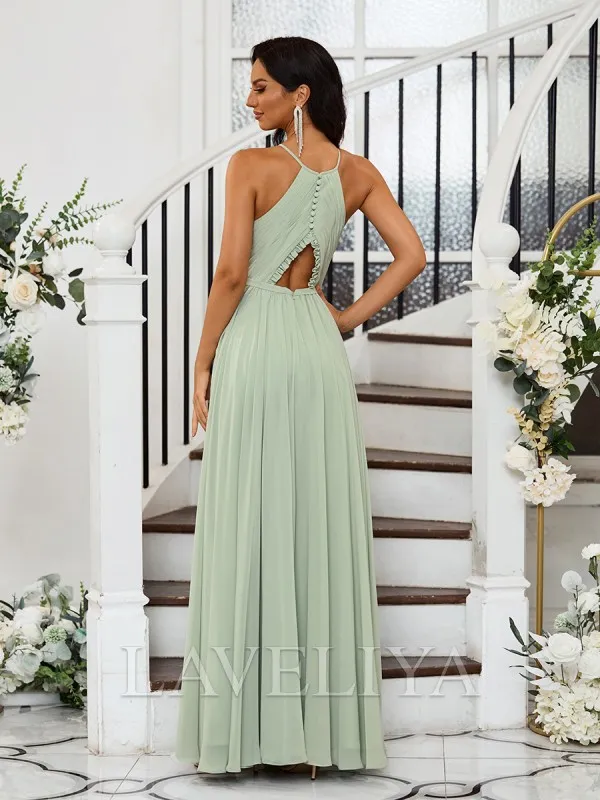 A-line Halter Pleated Floor-Length Chiffon Bridesmaid Dress  #ZB230498