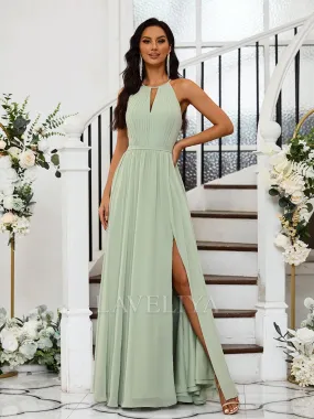 A-line Halter Pleated Floor-Length Chiffon Bridesmaid Dress  #ZB230498