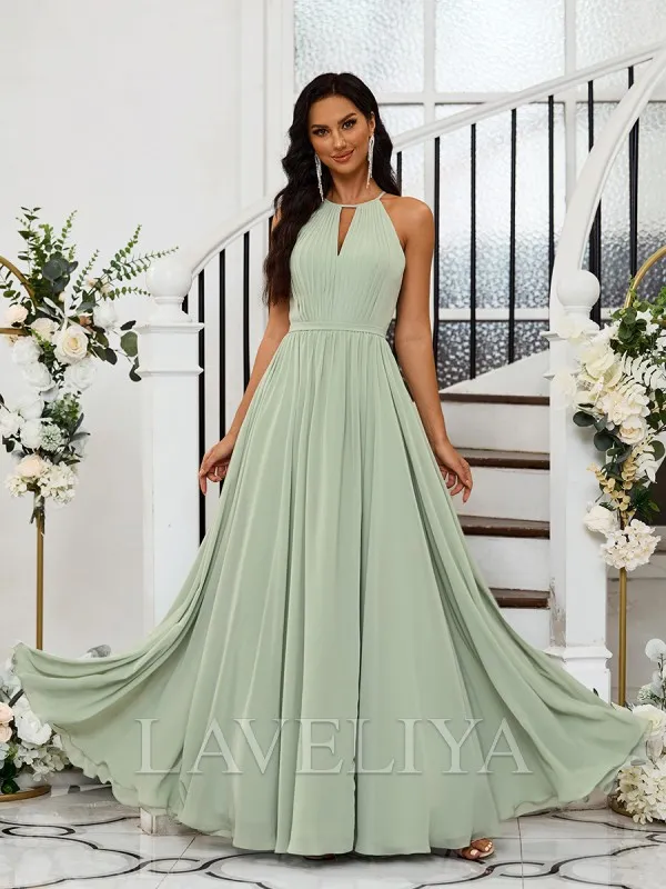 A-line Halter Pleated Floor-Length Chiffon Bridesmaid Dress  #ZB230498