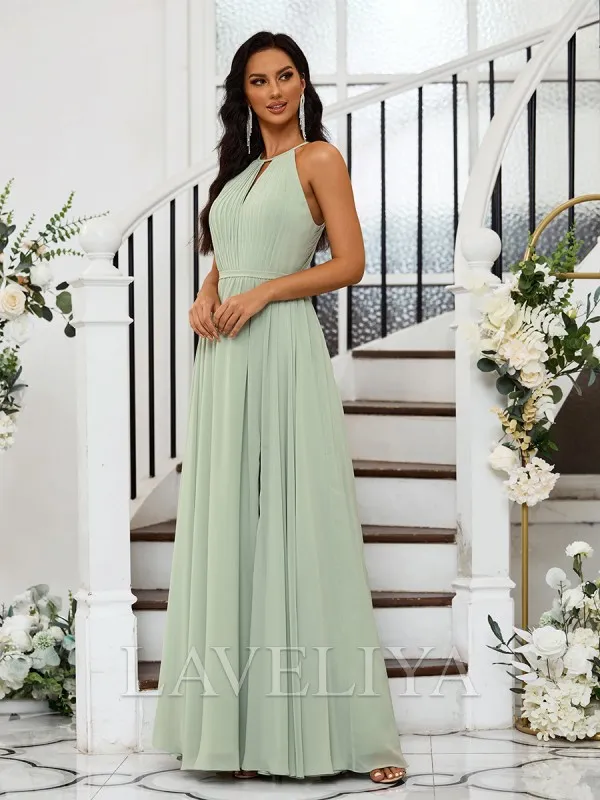 A-line Halter Pleated Floor-Length Chiffon Bridesmaid Dress  #ZB230498