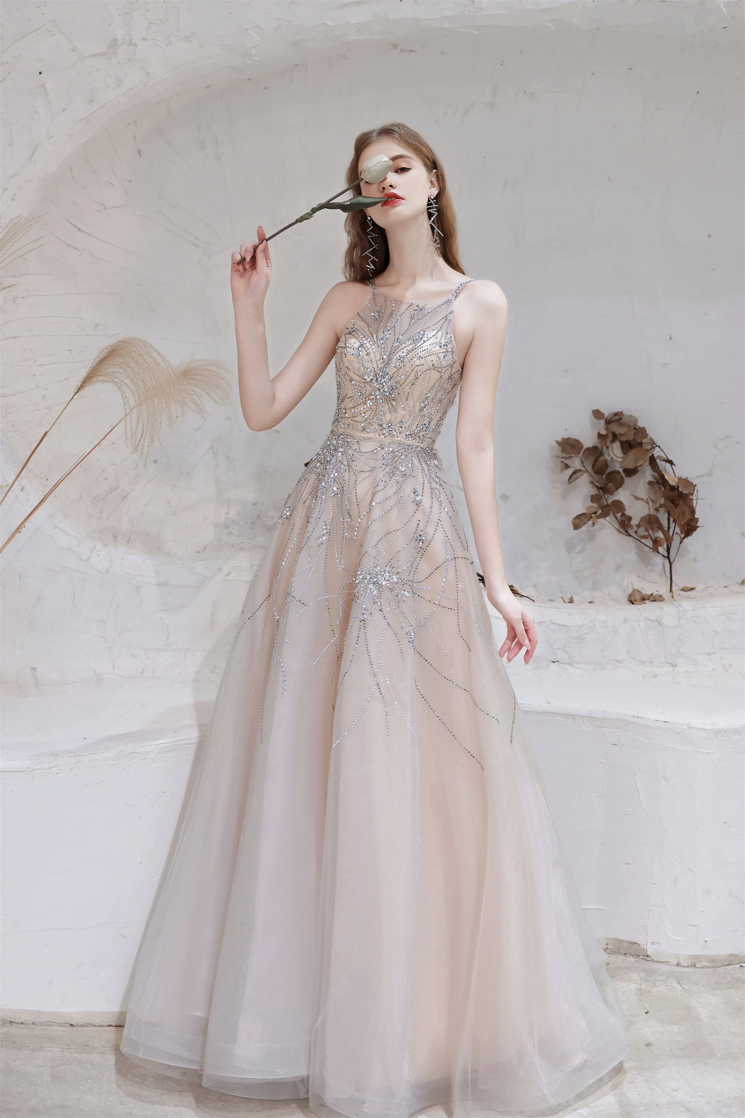 A-Line Heavily Beading Tulle Prom Dresses