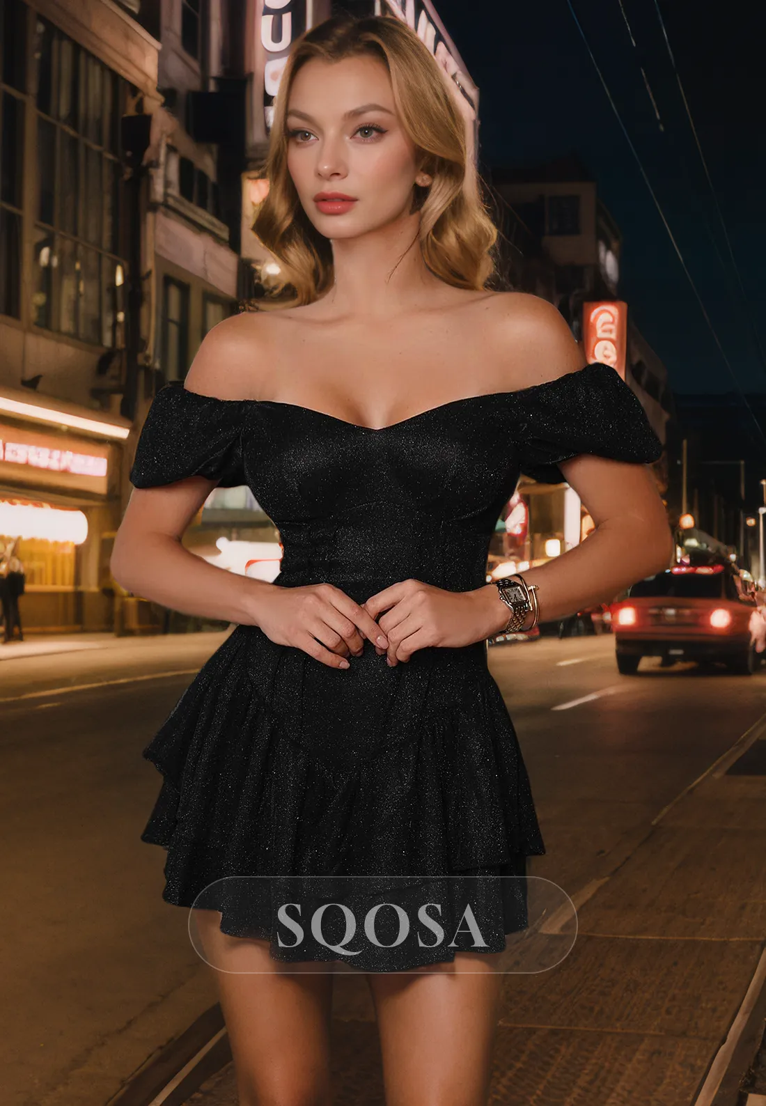 A Line Off Shoulder Black Homecoming Dress Short Prom Party Dress