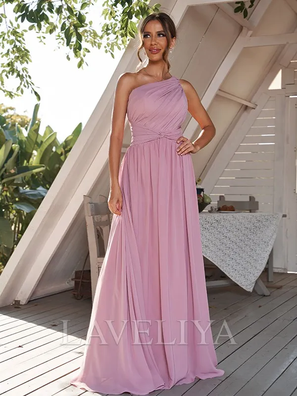 A-line One-Shoulder Pleated Floor-Length Chiffon Bridesmaid Dress  #ZB230022