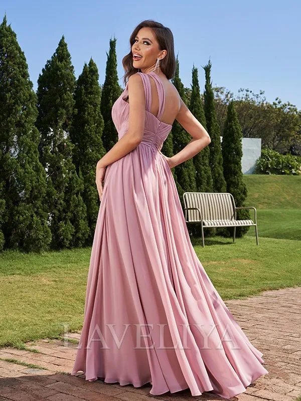 A-line One-Shoulder Pleated Floor-Length Chiffon Bridesmaid Dress  #ZB230202