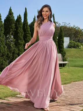 A-line One-Shoulder Pleated Floor-Length Chiffon Bridesmaid Dress  #ZB230202