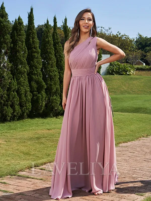 A-line One-Shoulder Pleated Floor-Length Chiffon Bridesmaid Dress  #ZB230202