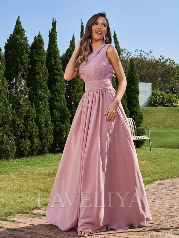 A-line One-Shoulder Pleated Floor-Length Chiffon Bridesmaid Dress  #ZB230202