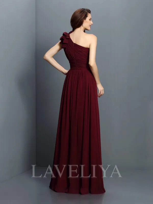 A-line One-Shoulder Pleated Floor-Length Chiffon Bridesmaid Dress  #ZB230352