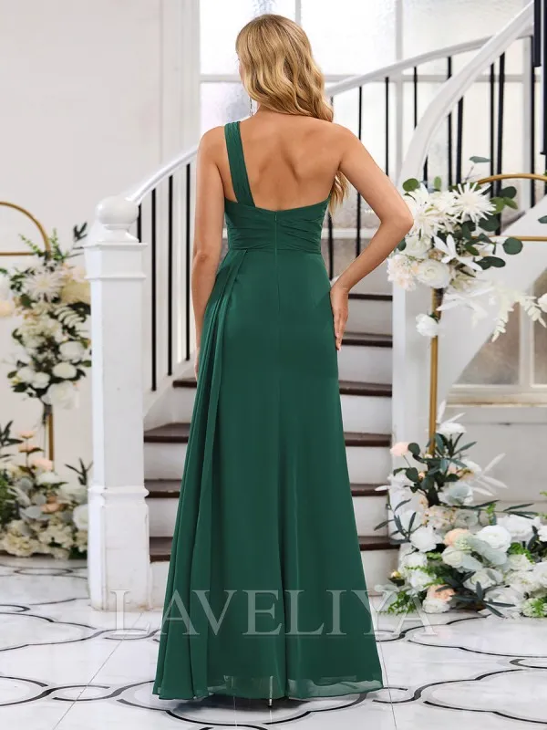 A-line One-Shoulder Pleated Floor-Length Chiffon Dress  #ZB230533