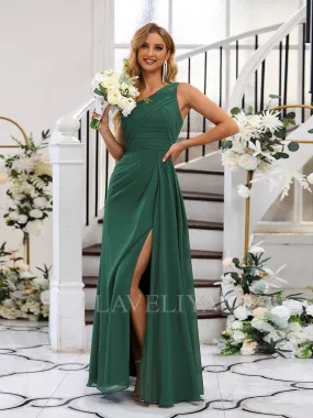 A-line One-Shoulder Pleated Floor-Length Chiffon Dress  #ZB230533