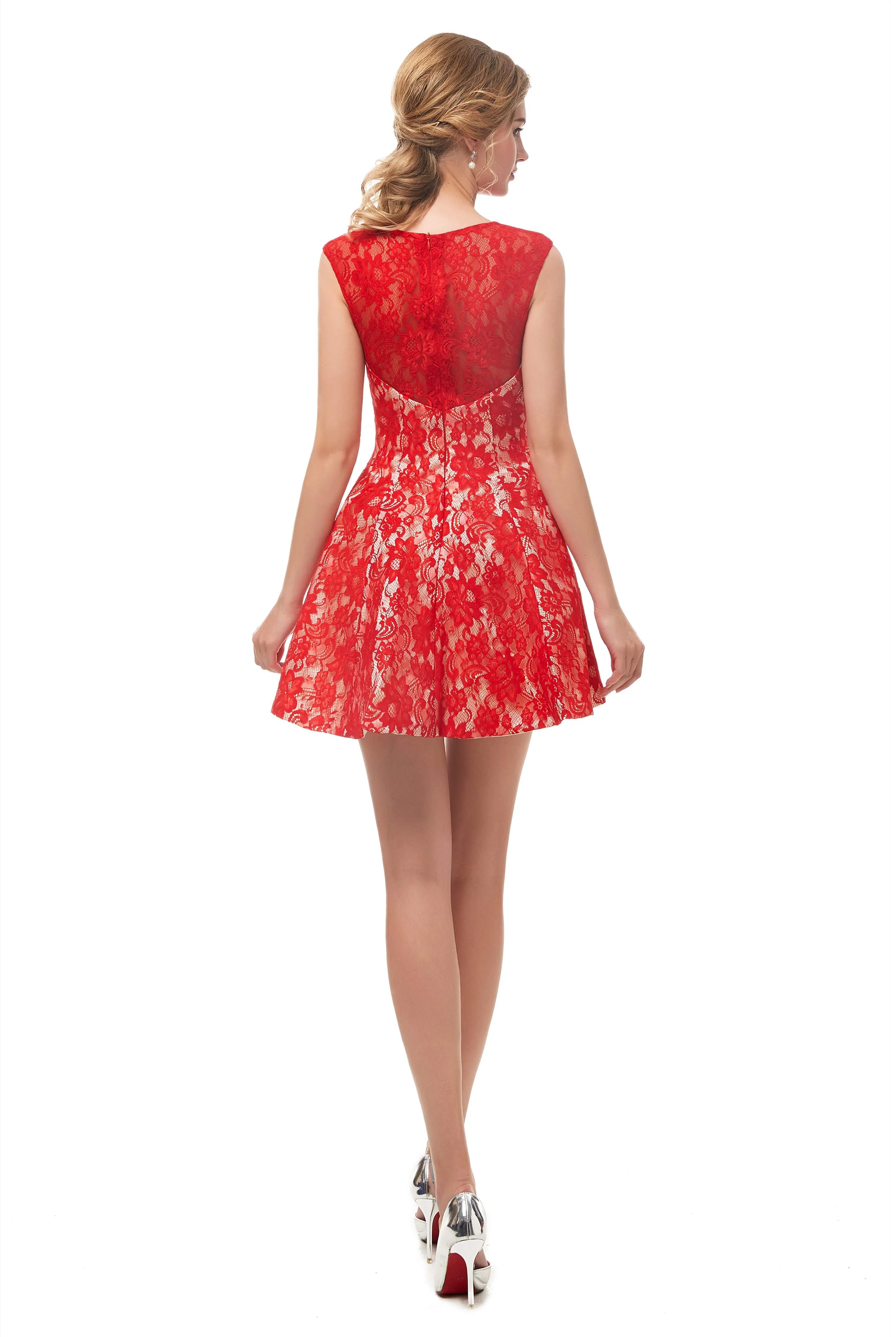 A-Line Red Lace Sleeveless Mini Homecoming Dresses