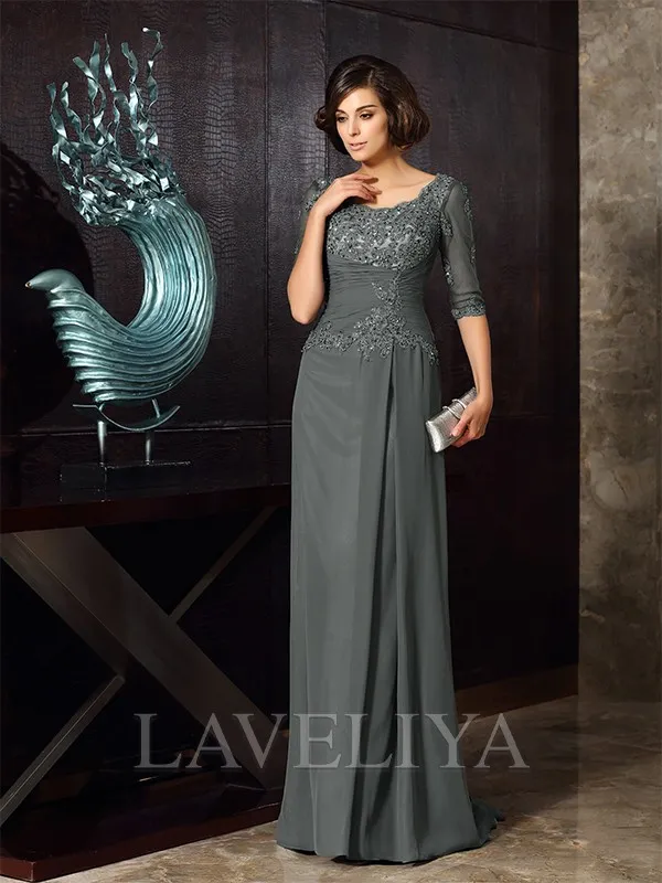 A-line Scoop 1/2 Sleeves Beading Floor-Length Chiffon Mother of the Bride Dress  #XM230044