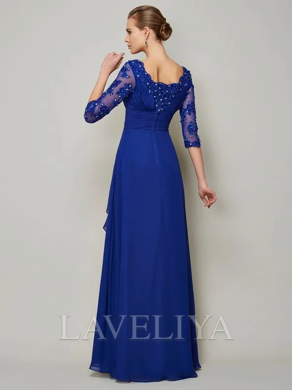 A-line Scoop 3/4 Sleeves Applique Floor-Length Chiffon Mother of the Bride Dress  #XM230057