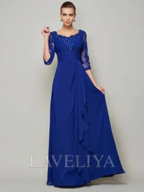 A-line Scoop 3/4 Sleeves Applique Floor-Length Chiffon Mother of the Bride Dress  #XM230057