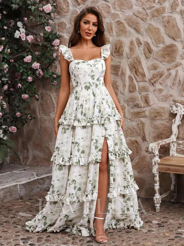 A-line Straps Cascading Ruffles Floor-Length Chiffon Bridesmaid Dress  #ZB240087