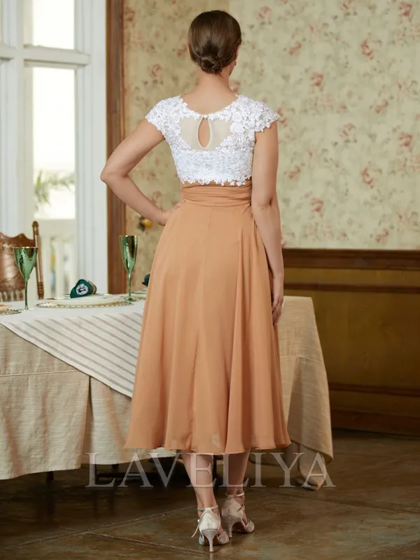 A-line V-neck Appliques Lace Tea-Length Chiffon Mother of the Bride Dress  #XM230233