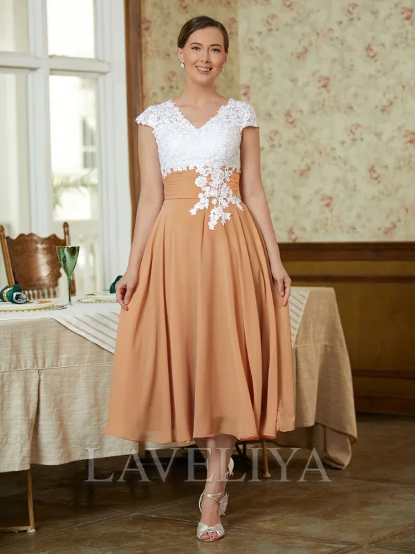 A-line V-neck Appliques Lace Tea-Length Chiffon Mother of the Bride Dress  #XM230233