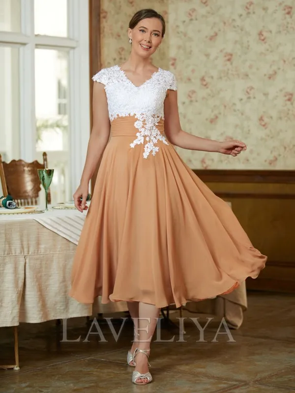 A-line V-neck Appliques Lace Tea-Length Chiffon Mother of the Bride Dress  #XM230233